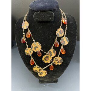 Women's Double Layered Gold tone & Leopard Design Necklace 20'x 4" Drop SKU 5279